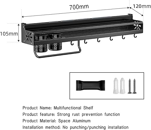Miniatura 7 de Estante de especias montado en la pared para especias, soporte de cocina sin perforar, estante de especias colgante con barras con 10 ganchos,