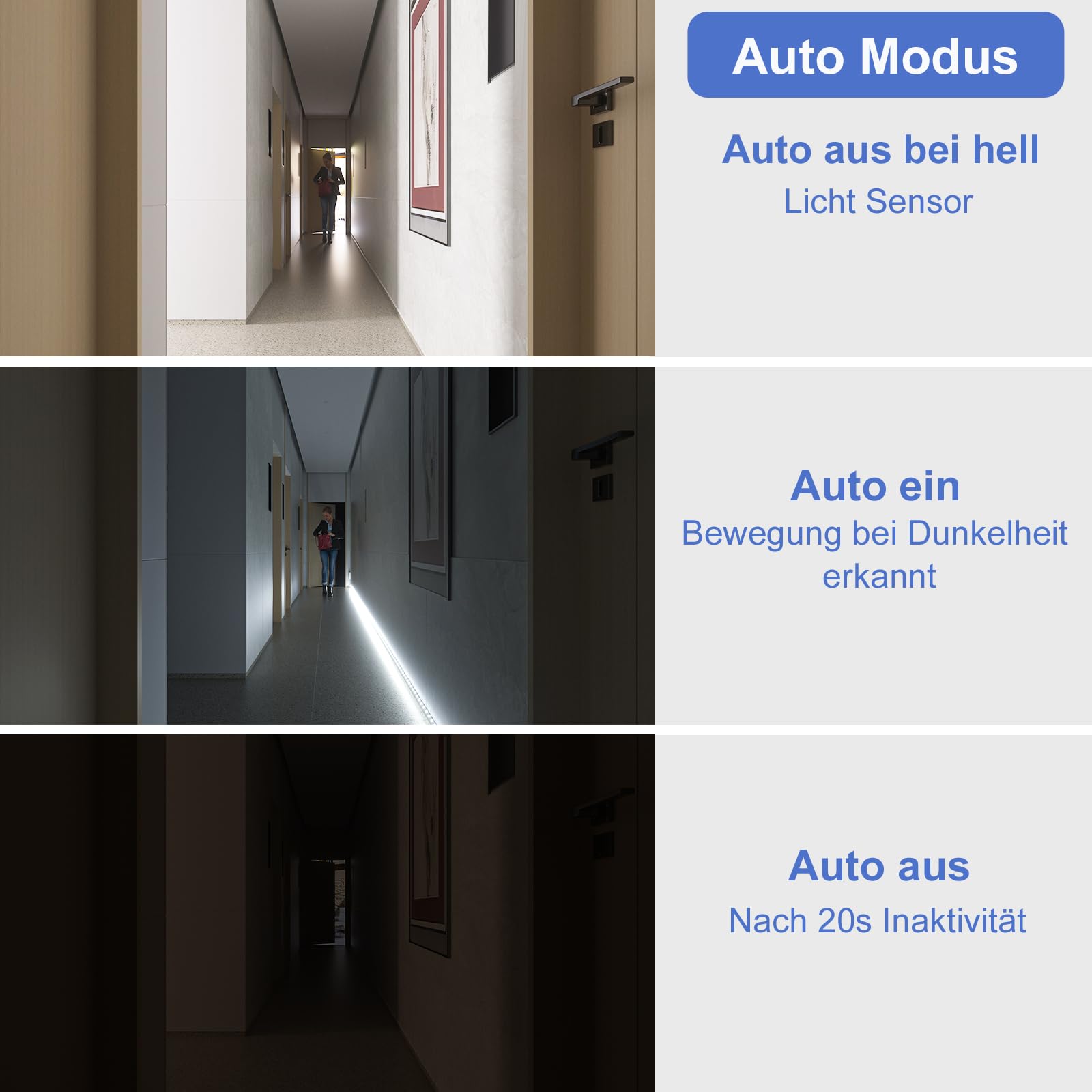WOBANE Striscia LED da 5 m con rilevatore di movimento, illuminazione per scale con 2 sensori, funzionamento a batteria, illuminazione a LED per cucina, letto, dispensa, corridoio