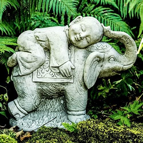 DGS STATUES Stone Cast, Buddha Boy Sleeping and Cuddling Sweet Elephant, Hand Finished, Statue