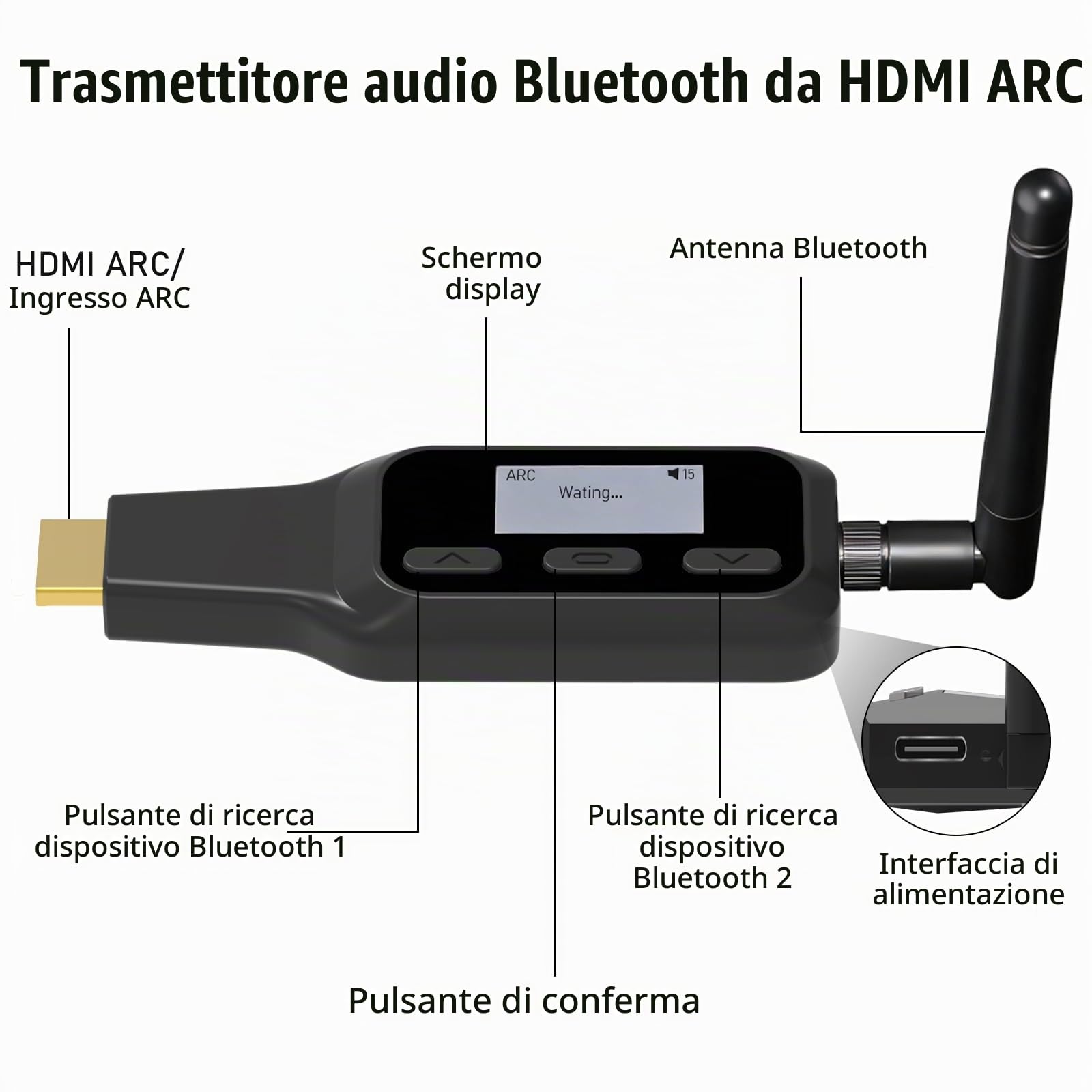 Tendak Trasmettitore da HDMI ARC a Bluetooth, adattatore audio ARC TV per cuffie e altoparlanti wireless, HDMI ARC Audio Extractor, supporto simultaneo Dual Device Pairing, CEC Volume Control