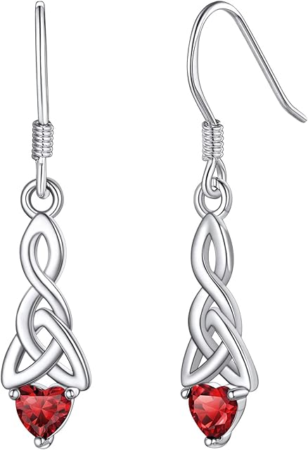 Silvora Sterling Silver Celtic Knot Drop Earrings with Heart Birthstone Charms for Women Non-Sensitive Ears Vintage Birthstone Jewelry