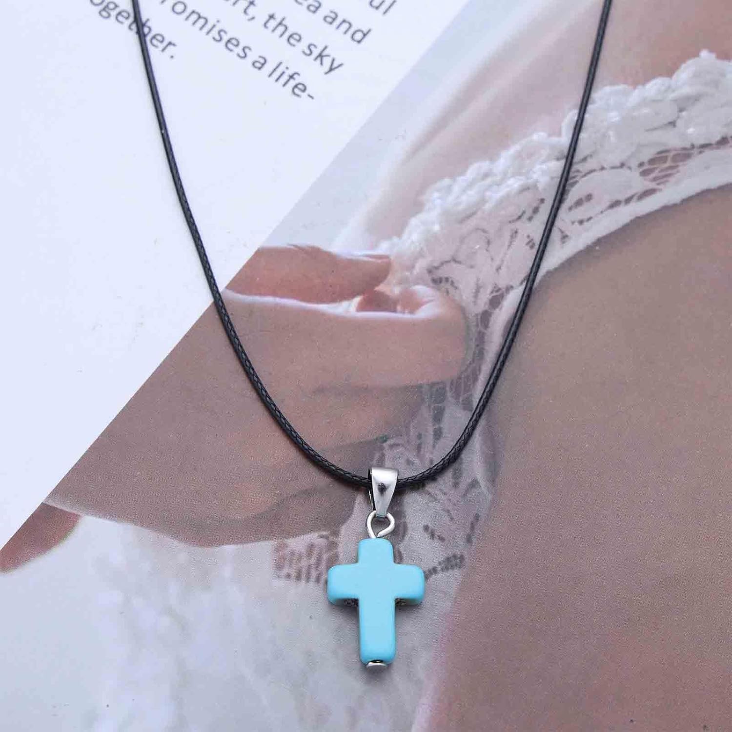 Boho Turquoise Cross Pendent Necklace Black Leather Choker Necklace Turquoise Cross Necklace Cross Leather Necklace Adjustable Leather Cord Necklace Jewelry for Women - Image 5