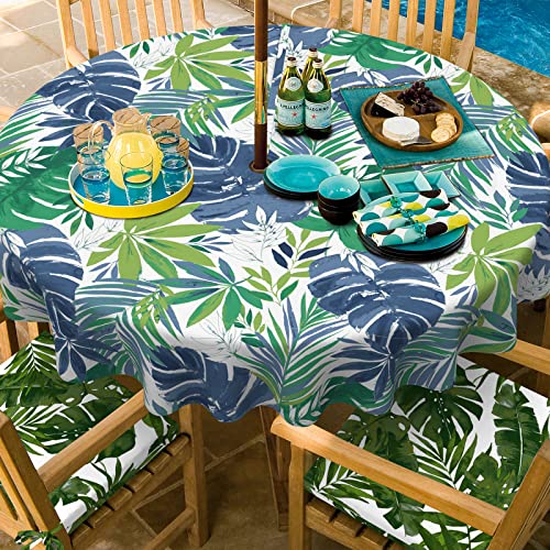 Melody Elephant Outdoor/Indoor Round Tablecloth With Umbrella Hole Zipper, Decorative Circular Table Cover For Home Garden, 60 Inch, Islamorada Blue Green #TOP4