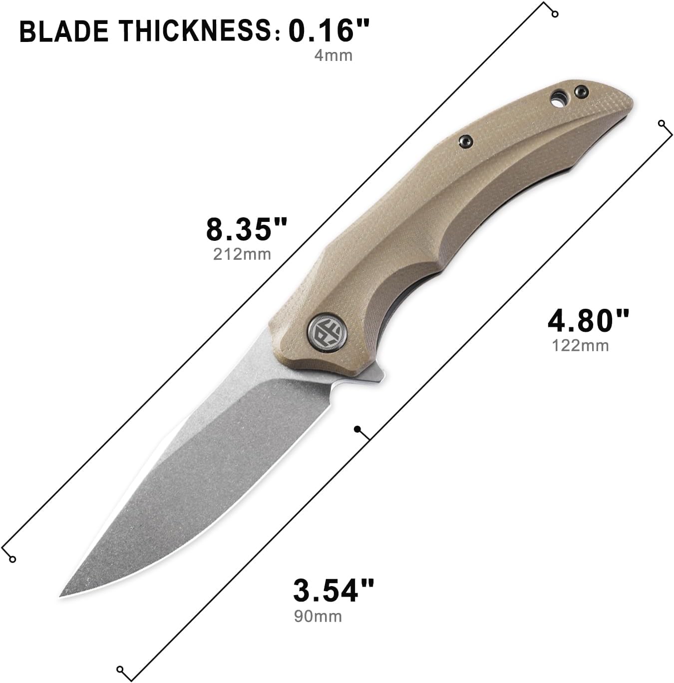 Petrified fish PFP10 Hairtail Folding Knife, 3.54" K110 Stonewashed Blade 5.25 oz Micarta Handle Pocket Folding knife for EDC Camping Outdoor (Khaki Stonewashed)