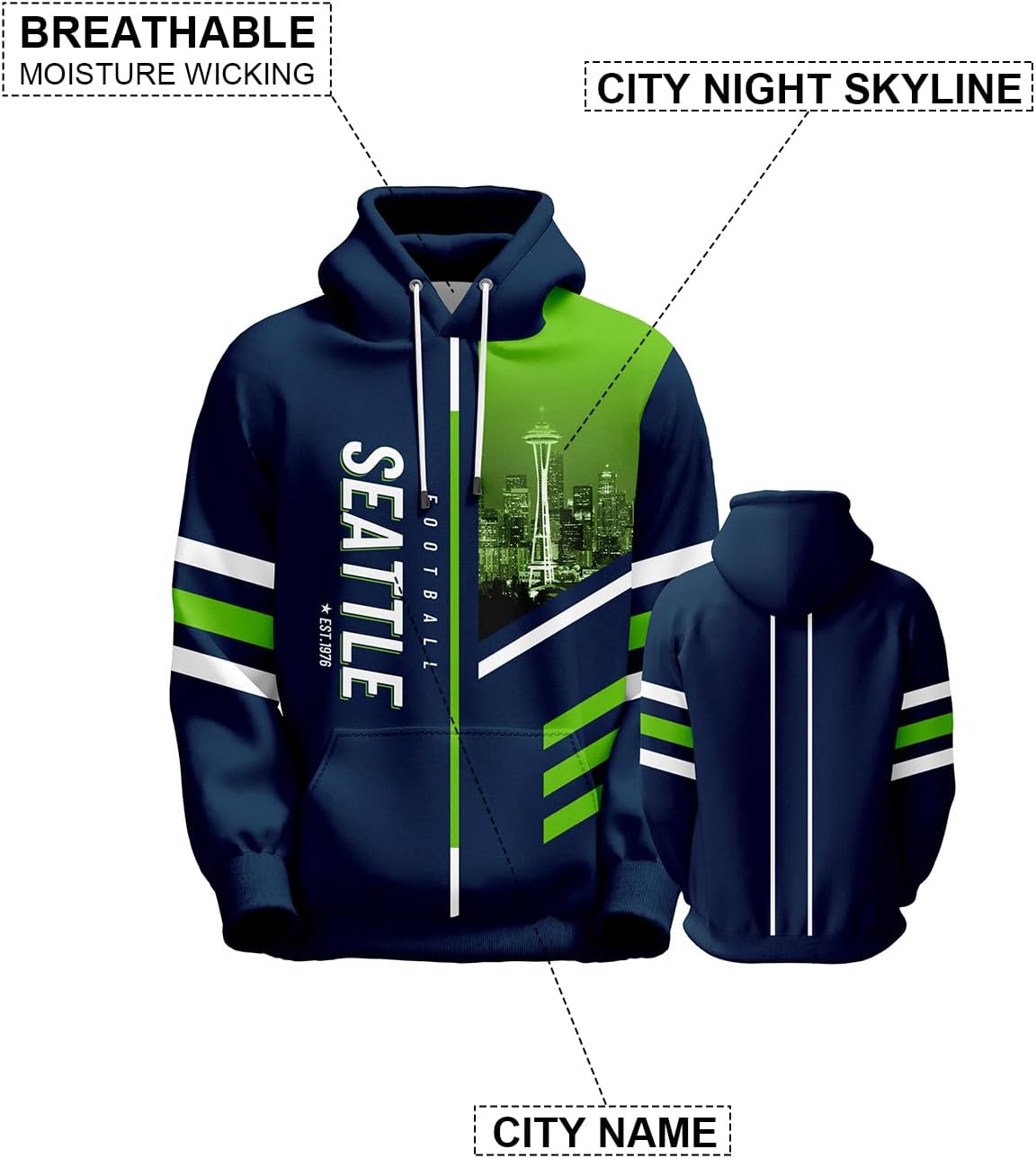 SEAGGS Men's American Football Hoodies City Night Skyline Team Fans Sweatshirt Sports Football Gift Pullover Game Day Apparel