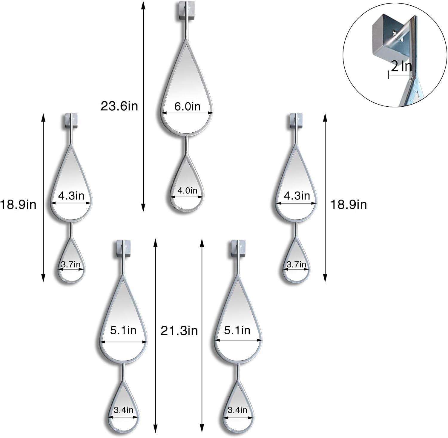 Decorative Mirrors Wall Mounted, Wall Mirror Silver Decor Tear Drop Shape Metal Frame for Living Room Bedroom Entrance Mantle Fireplace (Silver, 5-Pack Teardrop Mirrors Set)