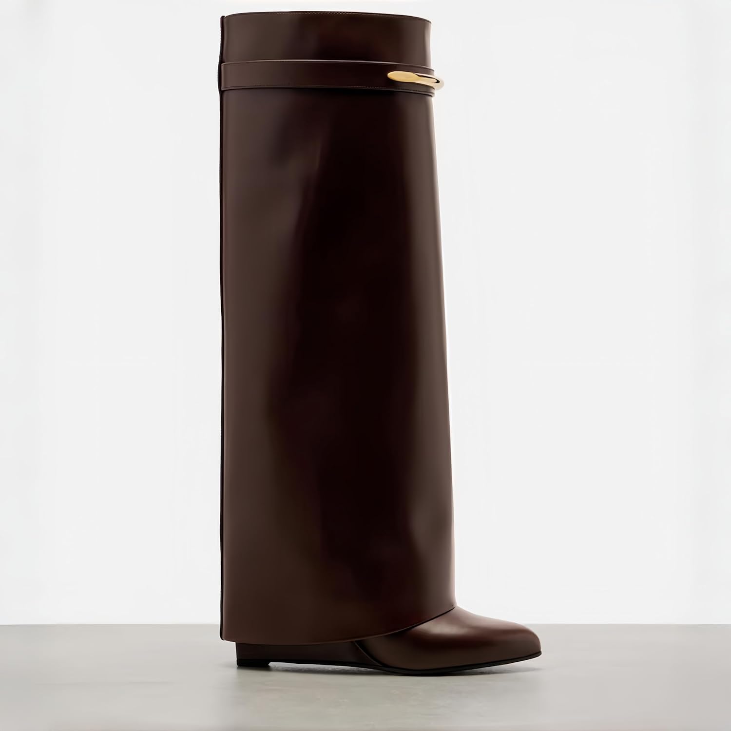 Women’s Shark Boots Knee High, Wedge Boots for Women with Fold-Over Long Shaft, Pull-on Wide Calf Fashion Leather Tall Boots