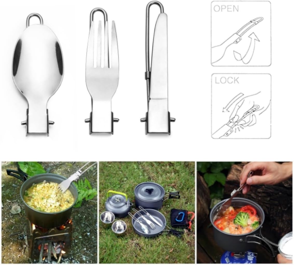 Camping Campfire Utensils, Outdoor Pots Pans Camping Cookware Picnic Cooking Set Tableware with Foldable Spoon Fork Kettle Cup Backpacking Gear