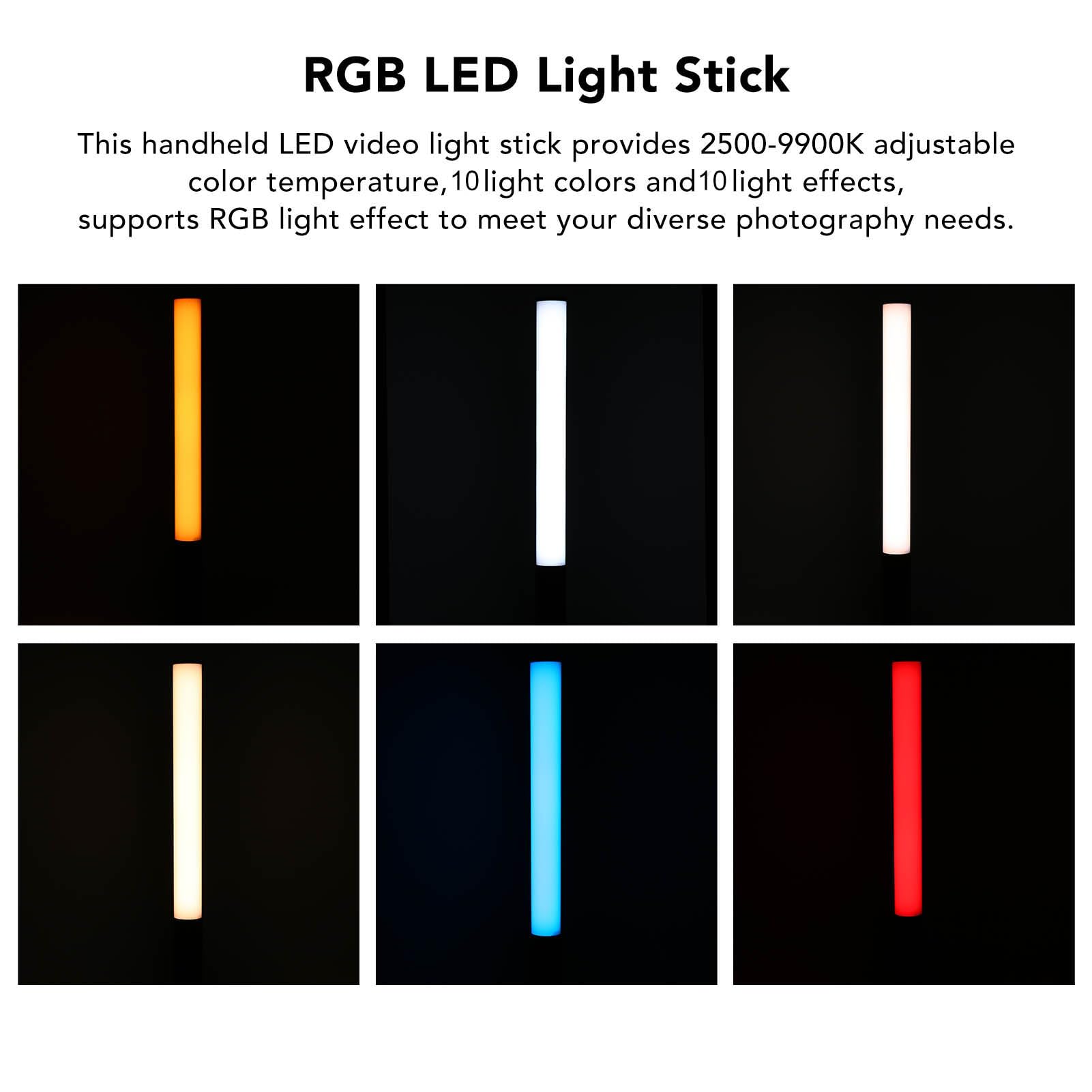 Fockety Bacchetta Luminosa Portatile, 9W 1000 2500‑9900K Bastone Luminoso LED RGB Dimmerabile con 10 Colori Bacchetta Luminosa Fotografica Batteria Ricaricabile Integrata da 2600