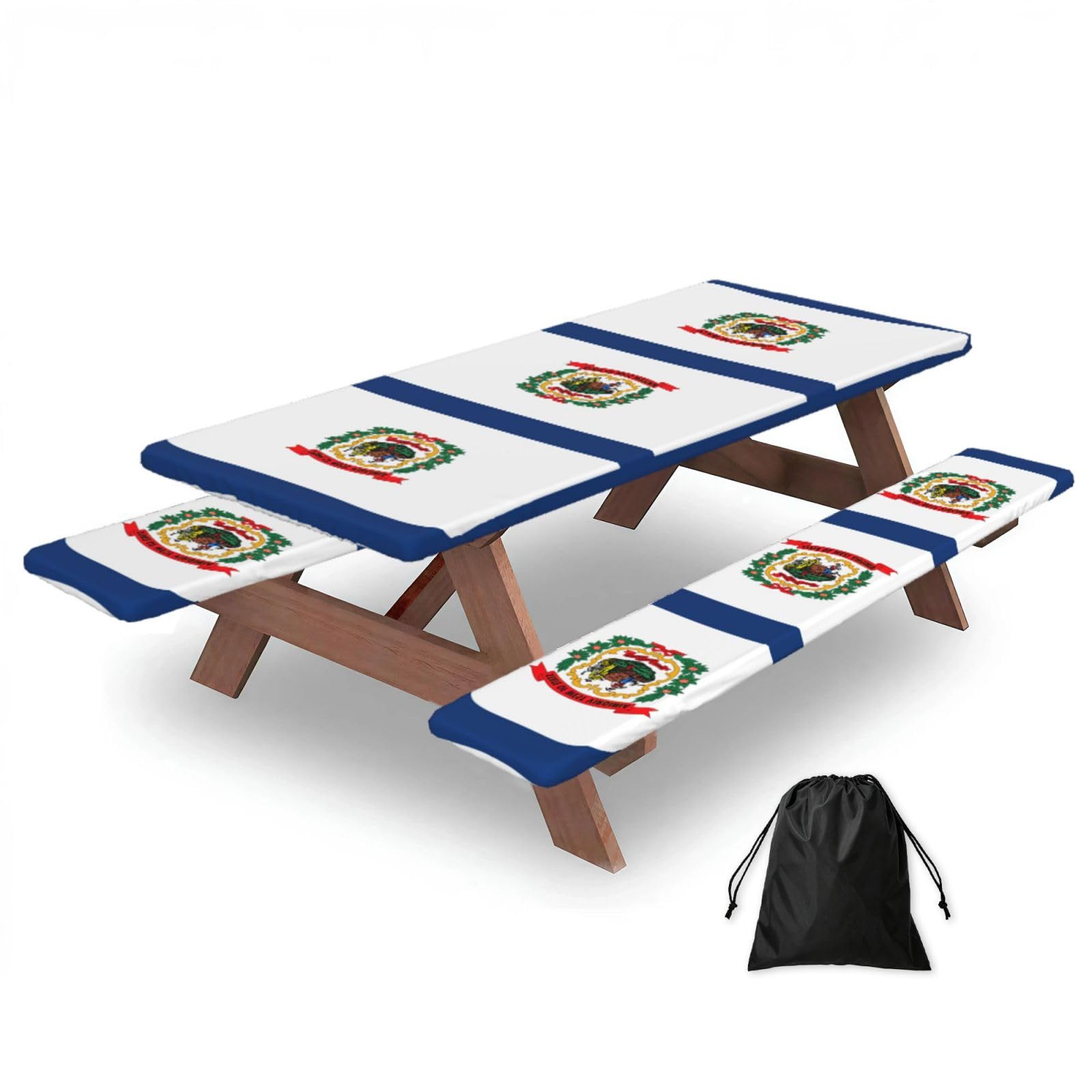 Yqxwjl Black West Virginia State Flag Print Camping Essentials Waterproof Camping Table And Bench Cover With Drawstring Bag 183 Cm