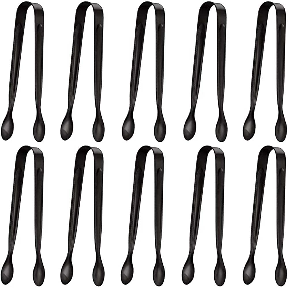 KASTWAVE 10-Piece Stainless Steel Food Tongs Set - Rock Candy, Mini Serving, Ice Cube, Small Square Tea Party Coffee Bar Kitchen Tongs (Black)