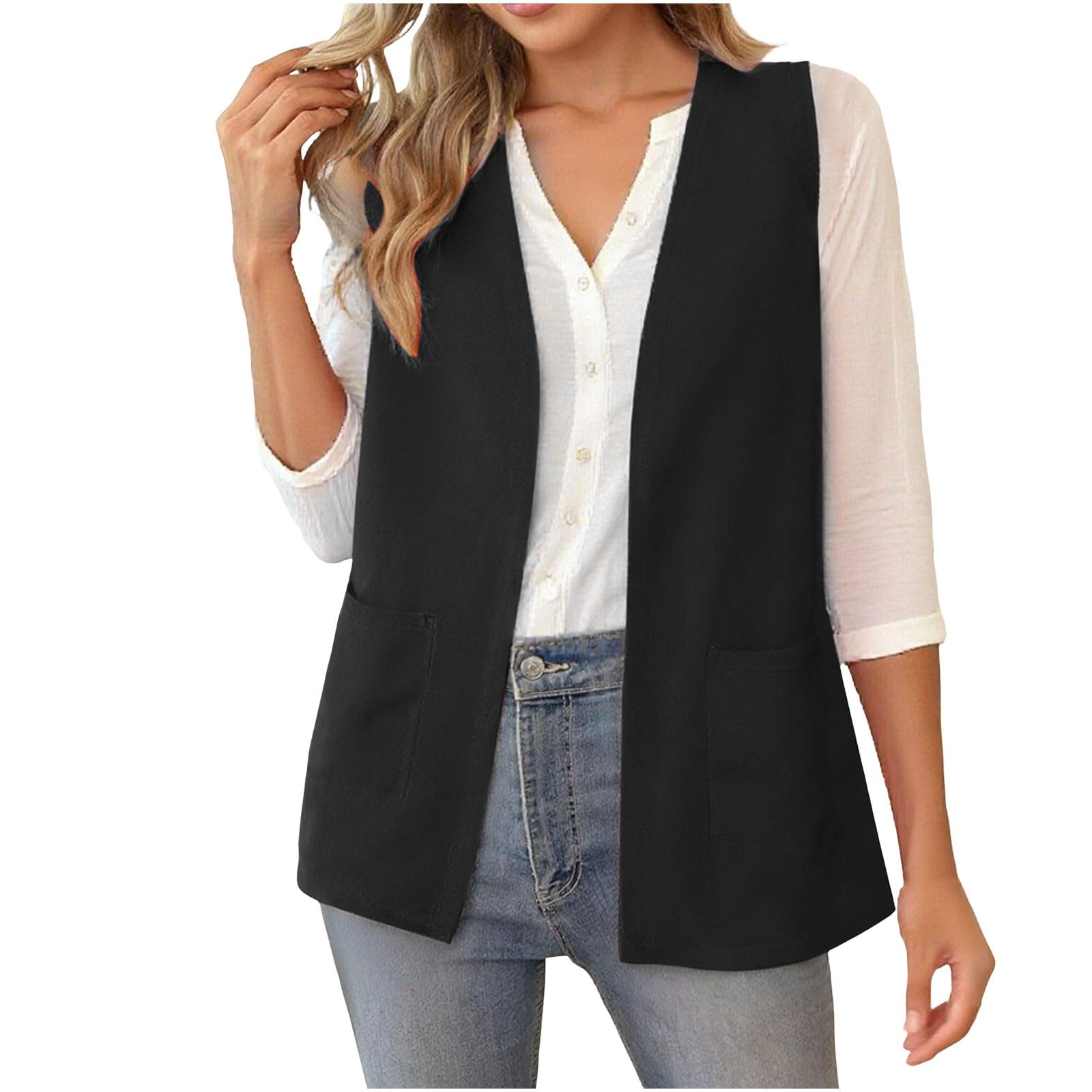 HGps8w Sleeveless Blazer Vest for Women Dressy Loose Open Front Work Office Casual Suit Jackets with Pockets