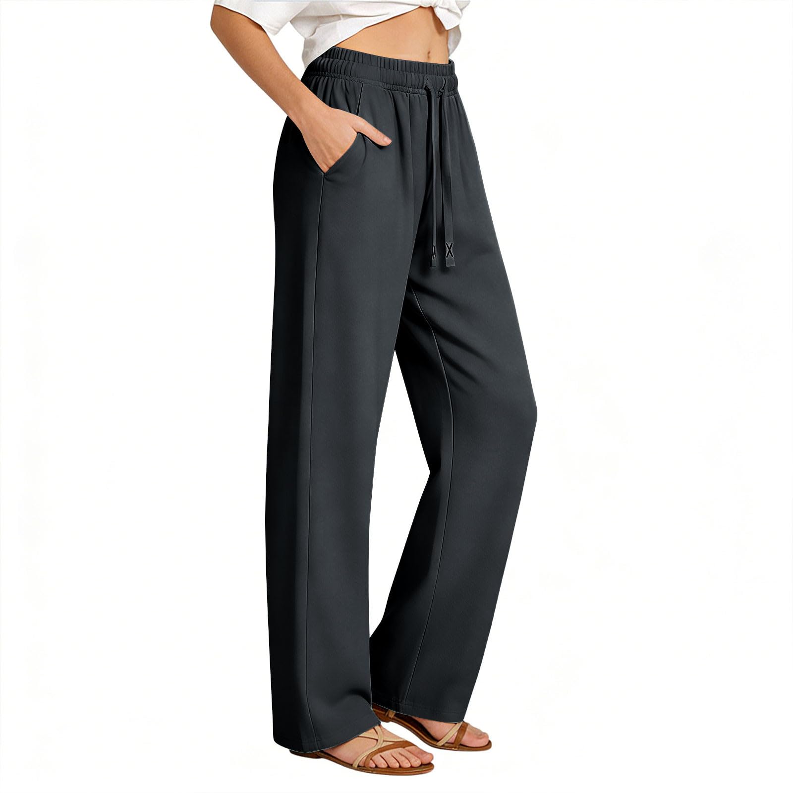 Women's Summer Trousers Solid Plain Drawstring Elastic Waist Straight Leg Pants Lightweight Quick Dry Jogging Pants with Pockets