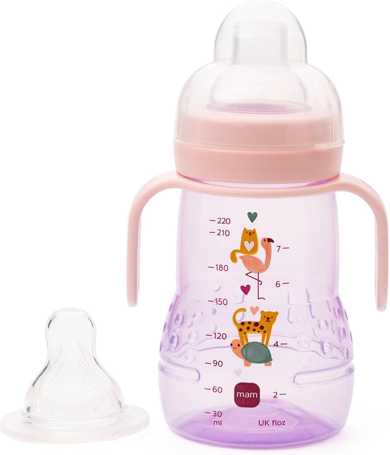 MAM Trainer+ Baby Cup | 1 Pack (1 x 220ml) | Suitable from 4+ Months for Independent Drinking | Comes with Free Fast Flow MAM Teat Size 3 | Spill-Free | Pink (Various Designs)