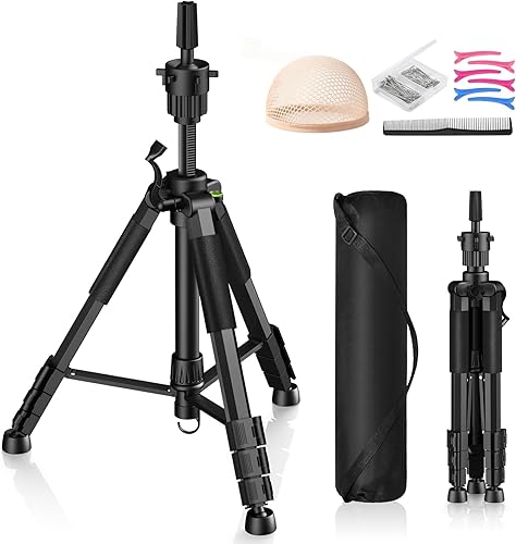 Retbtnm Trípode para peluca, soporte de cabeza de maniquí de 54 pulgadas, soporte resistente para peinar peluca con gancho, soporte de cabeza de