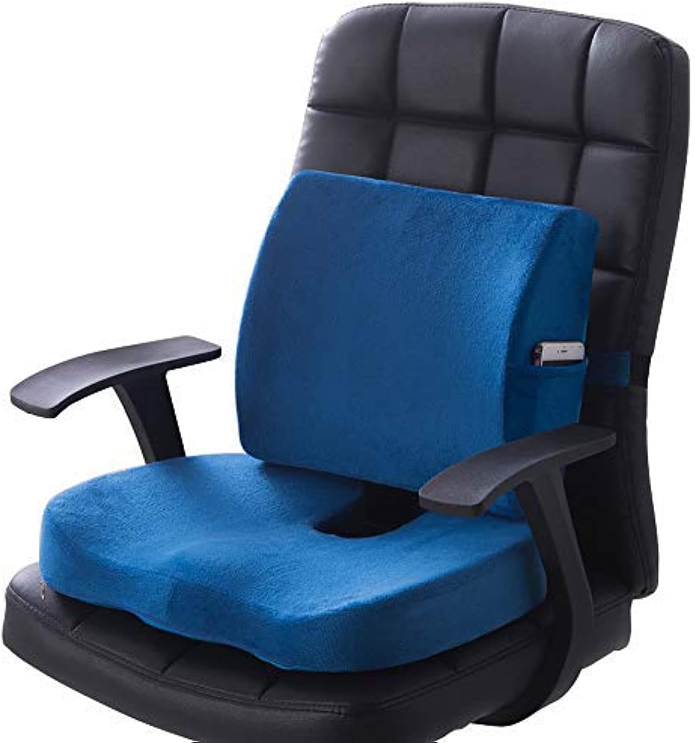 Qutool Orthopedic Memory Foam Seat Cushion and Lumbar Support Back Pillow for Lower Back Tailbone and Sciatica Relief Office Chair Gaming Chair and Car Seat Cushion Set with Adjustable Strap (Blue)