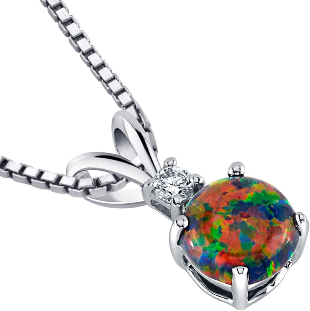 PEORA 14K White Gold Created Black Opal with Genuine Diamond Pendant, Elegant Solitaire, AAA Grade Round Shape 6.50mm, October Birthstone Necklace, Fire, w/Jewelry Box
