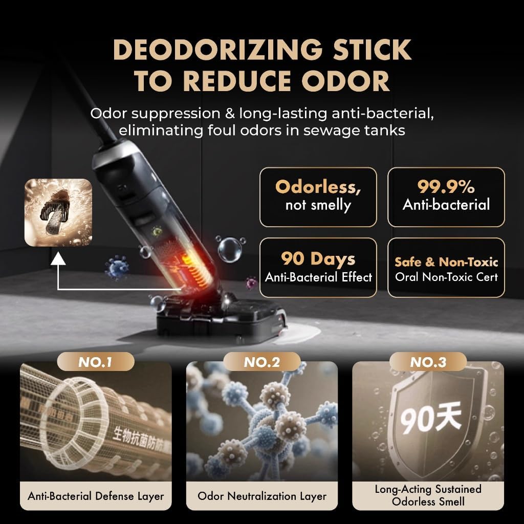 Diagram illustrating the deodorizing stick's function to reduce odor, highlighting its anti-bacterial defense layer, odor neutralization layer, and long-acting sustained odorless smell.