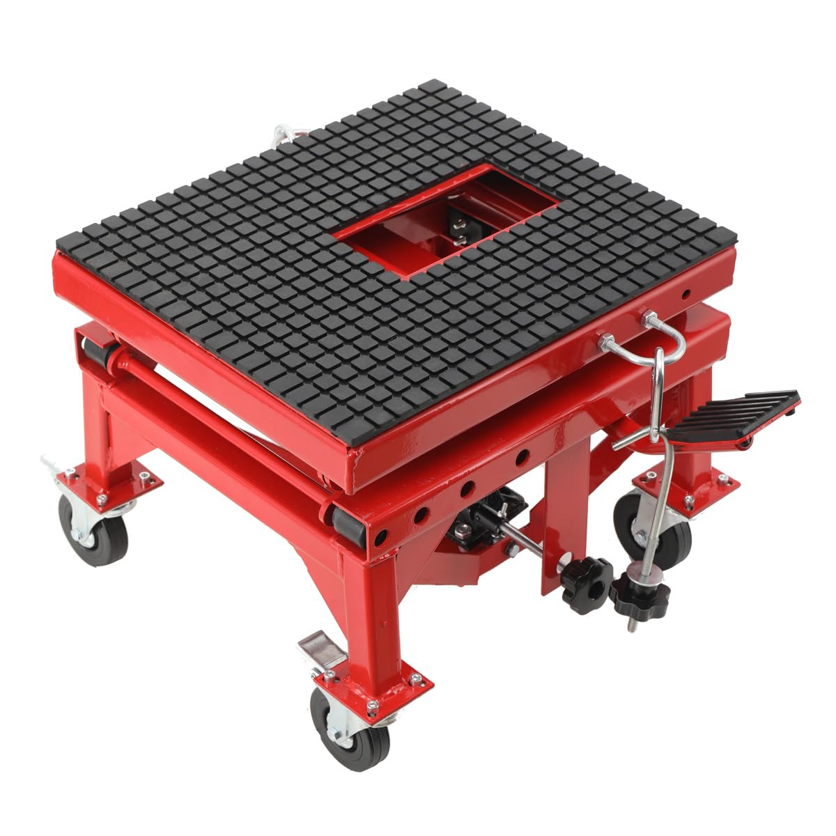 Sollevatore Idraulico per Moto con Pedale, Cavalletto Centrale a Pantografo per Moto, ATV, Enduro – Regolazione Altezza 350‑905 mm, Carico Max 158 kg, con 4 Ruote e Rotelle Universali