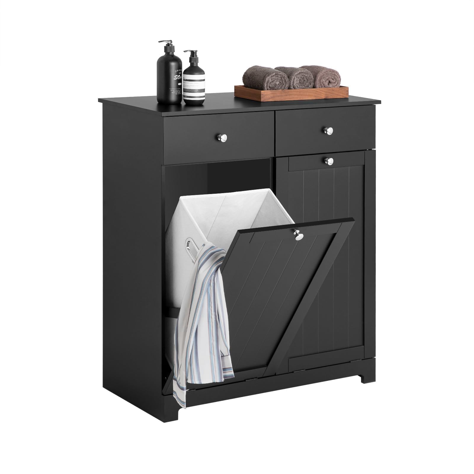 SoBuy Badezimmerschrank mit Wäschekorb - Badschrank mit 2 Wäschesäcken, 2 Schubladen - Stabiler Wäscheschrank für Waschküche, Wohnung - Modernes Badmöbel aus MDF, Schwarz, 78x90x38cm, BZR33-II-SCH