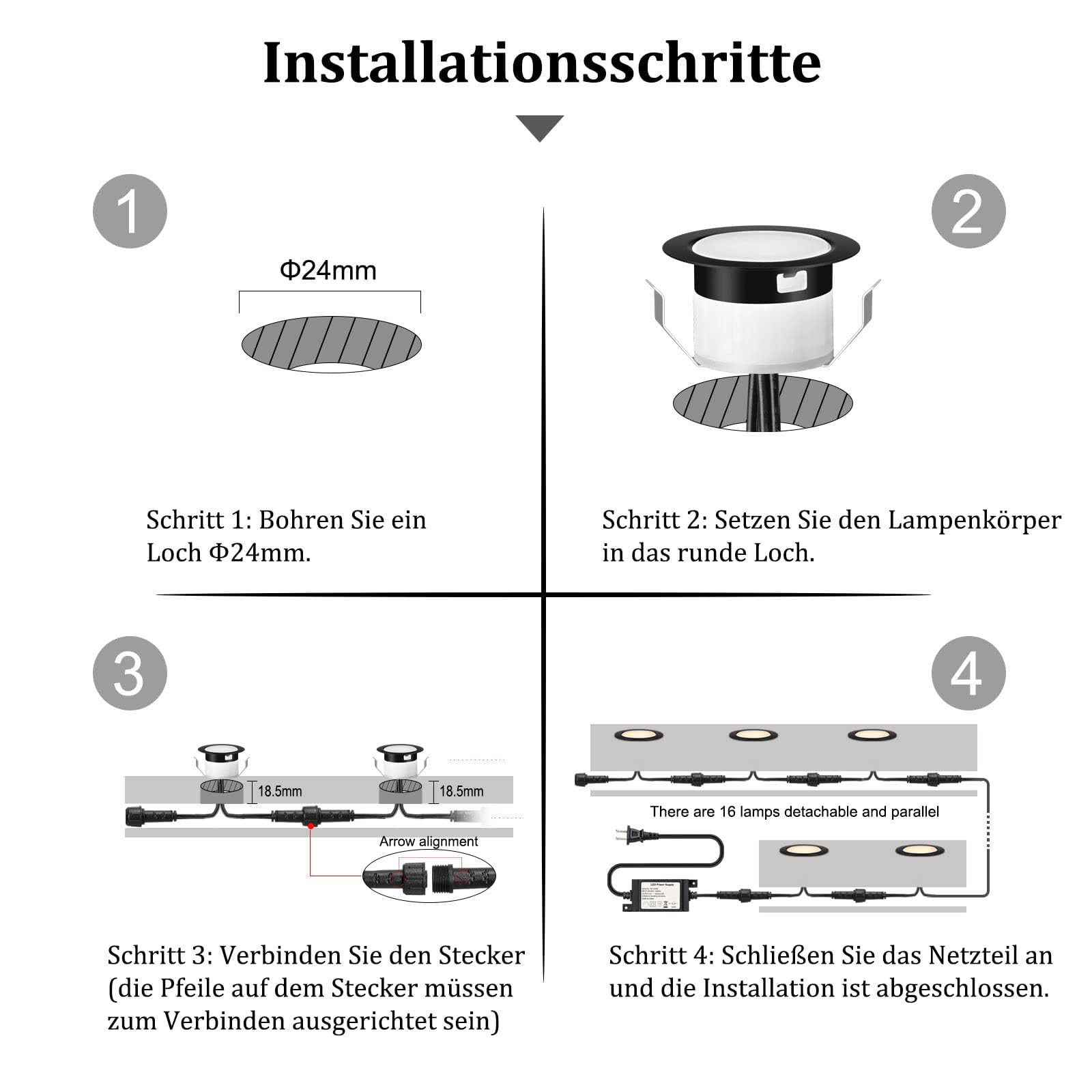 16er Set Warmweiß Bodeneinbaustrahler Aussen LED, Ø31mm