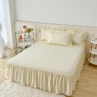 Highdi Betthusse 140x200 Bettrock, Elastische Bettwäsche mit Rüschen, Beige Baumwolle Bed Skirt Umwickeln mit Elastischem Gürtel - 40 cm Rock – Schrumpffest und Farbecht