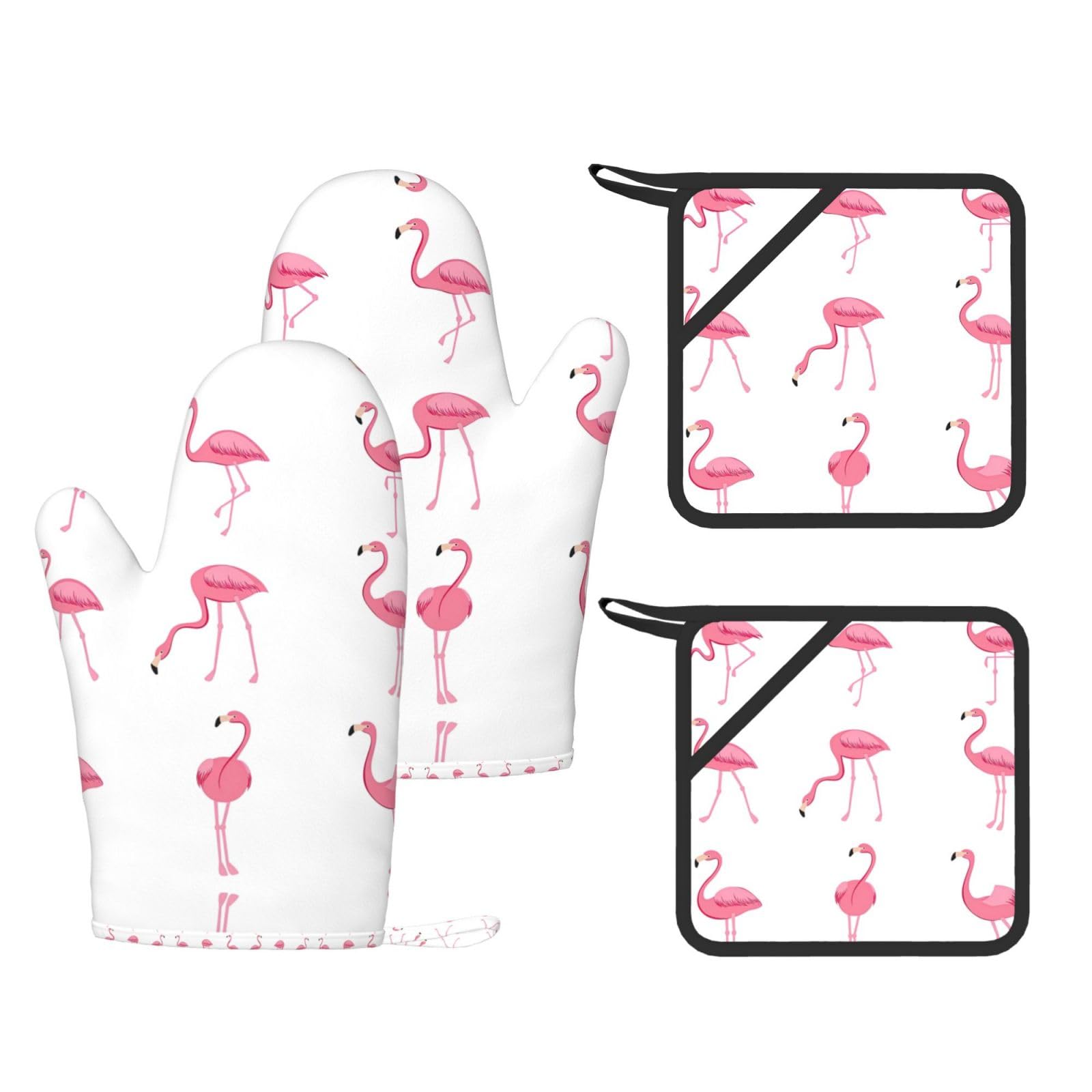 Flamingos on white Trendy Printed Kitchen Set with Heat Resistant Gloves & Non-Slip Hot Pads for Baking & Grilling
