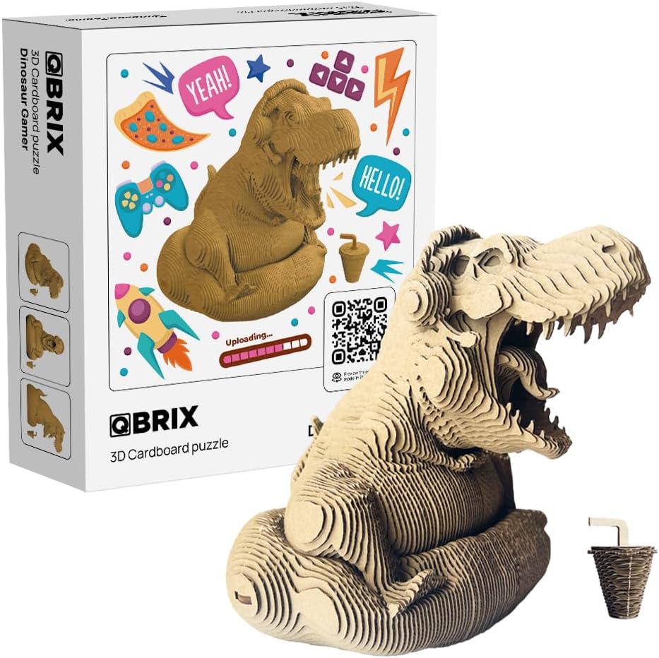 QBRIX Dinosaur Gamer 3D Puzzle for Adults, DIY Craft Kit for Home Decor, 3D Model Kit for Teens 14+, Creative and Original Gift for Craftlovers, Cardboard Model Building Kit