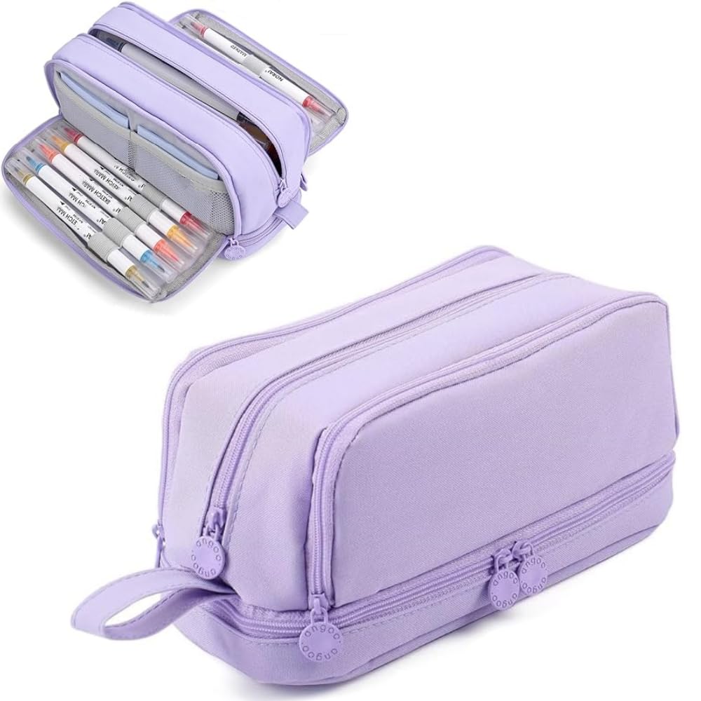 Astuccio Grande MAMUNU 4 Scomparti - Trousse Scolastica In Tela Lilla - Porta Matite E Accessori - Maniglia - Doppio Strato