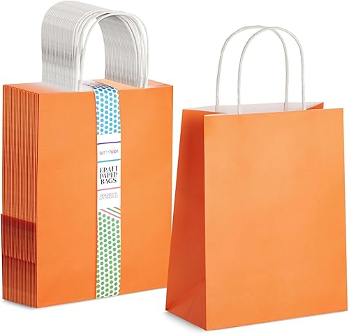 Miniatura 1 de BLUE PANDA Paquete de 25 bolsas de regalo naranjas con asas, bolsas de papel de tamaño mediano para cumpleaños, bodas, minoristas (8 x 3.9 x 10