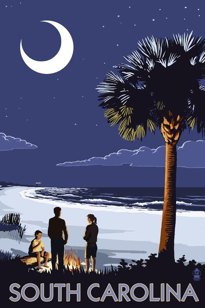 Lantern Press 9x12 Inch Art Print Wall Décor, South Carolina, Palmetto Moon and Bonfire