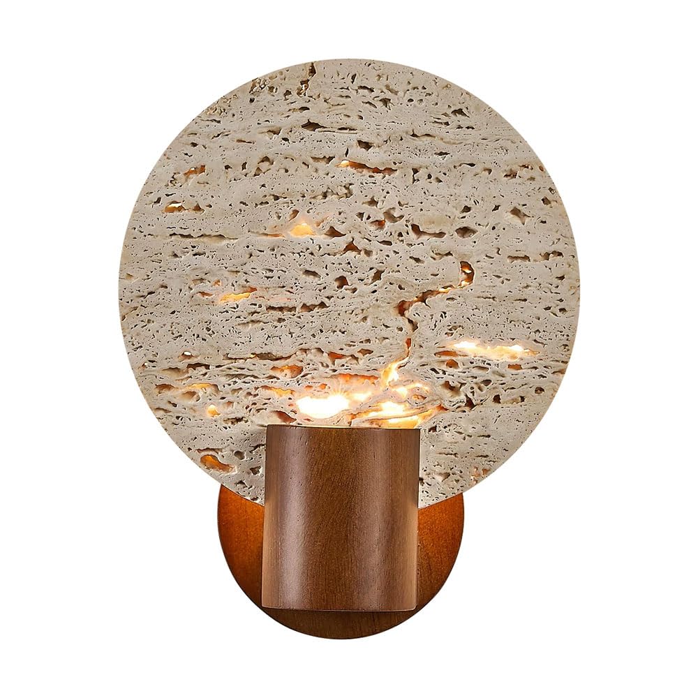 HUAYUSEDF G9 Screw Interior Wall Light, Medieval Style Round Lamp Shade, Hard Wire Connection Natural Yellow Travertine Sconce, Dressing Table Living Room Entrance Decorative Fixture