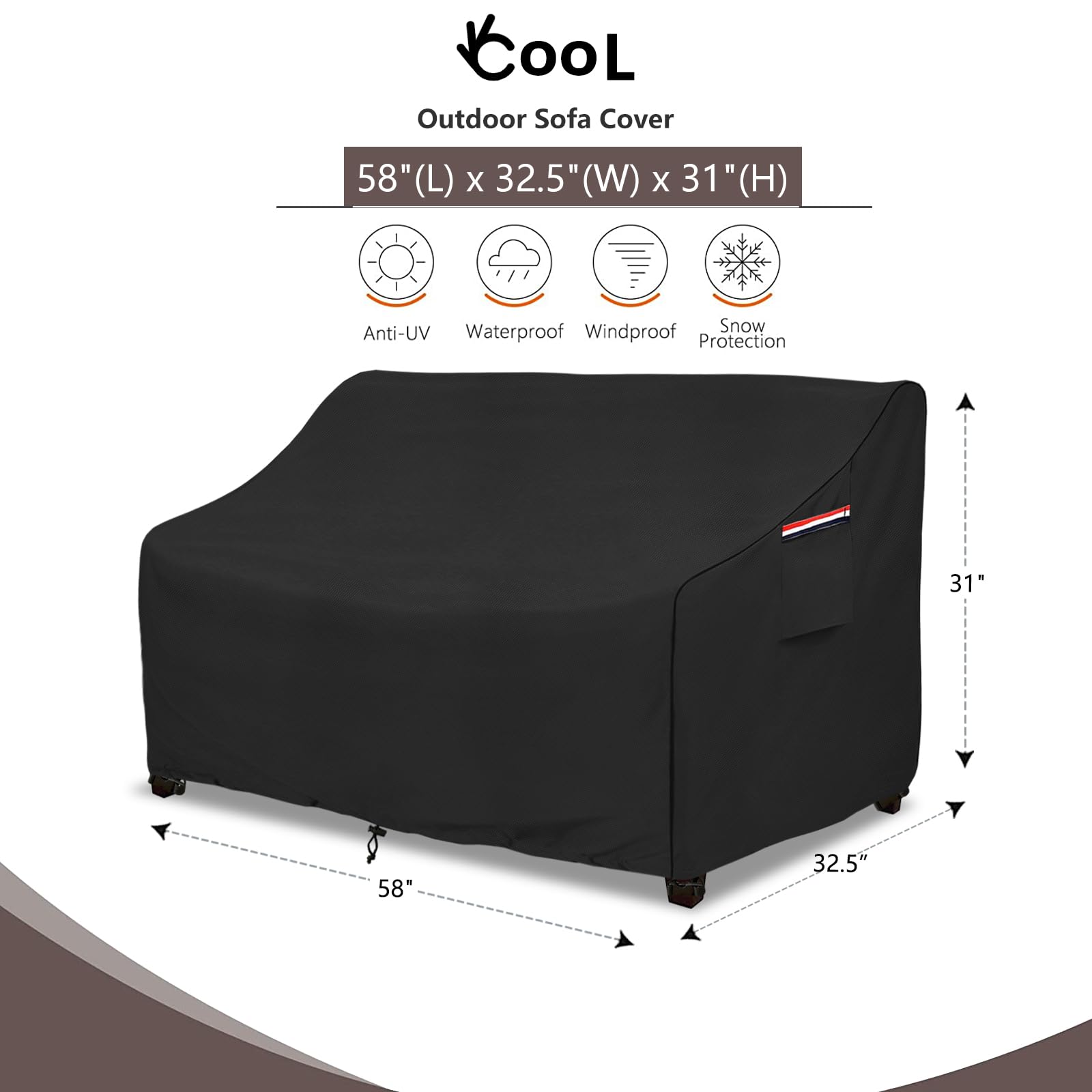okcool - Funda de sofá de exterior resistente, 100 % impermeable, 2 plazas, hasta 147 x 83 x 79 cm (ancho x fondo x alto), negro