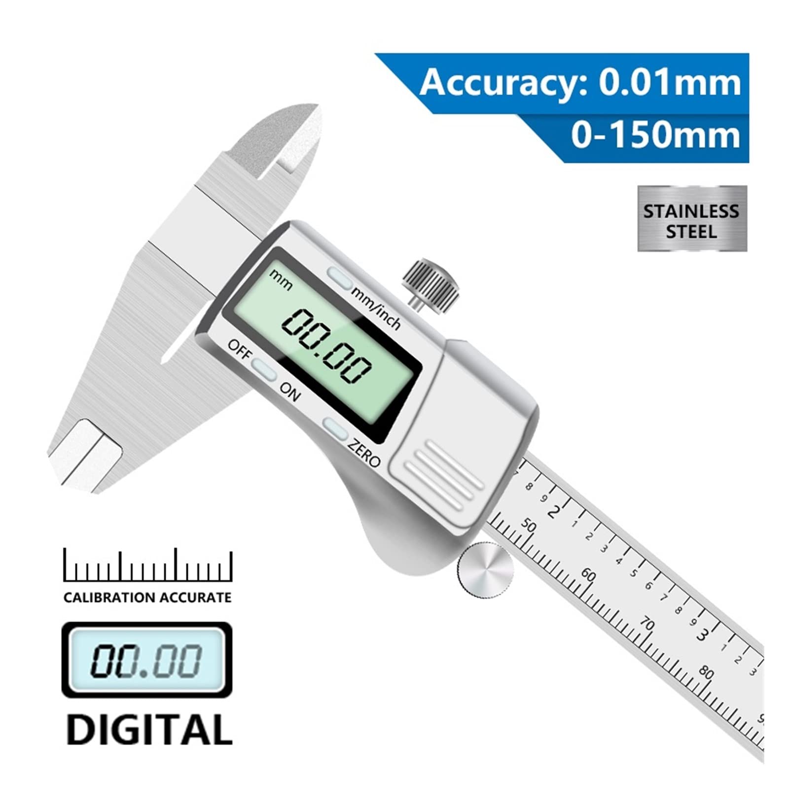 Mikrometr, Cyfrowe wyświetlacze zaciski ze stali nierdzewnej 0-150 mm LCD Elektroniczny mikrometr z zaciskami nornik