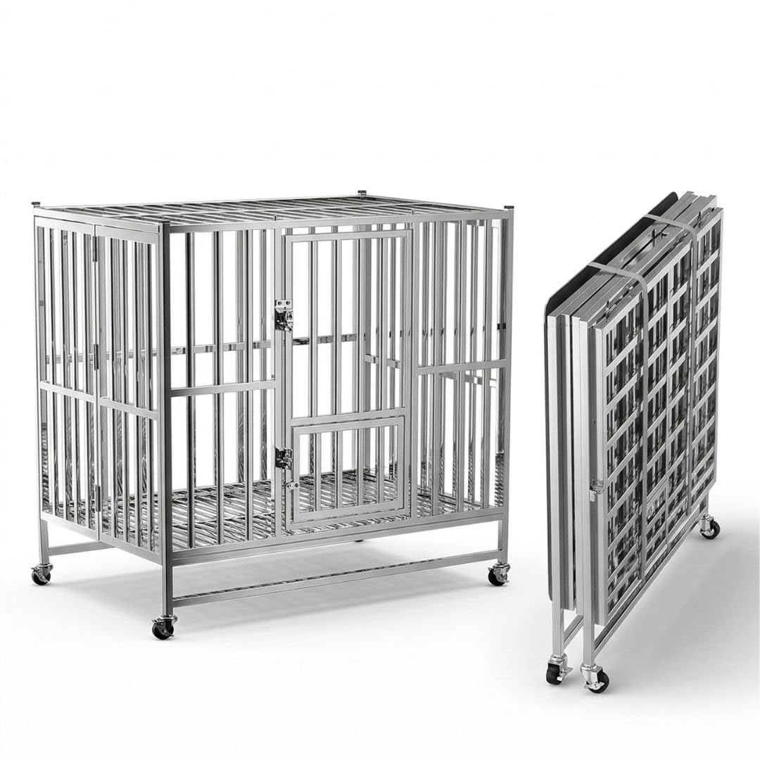 Jaula Grande Plegable para Perros de Acero Inoxidable 108 x 70 x 90 cm con Ruedas, Doble Puerta, 2 Bandejas Extraíbles y Cierre de Seguridad