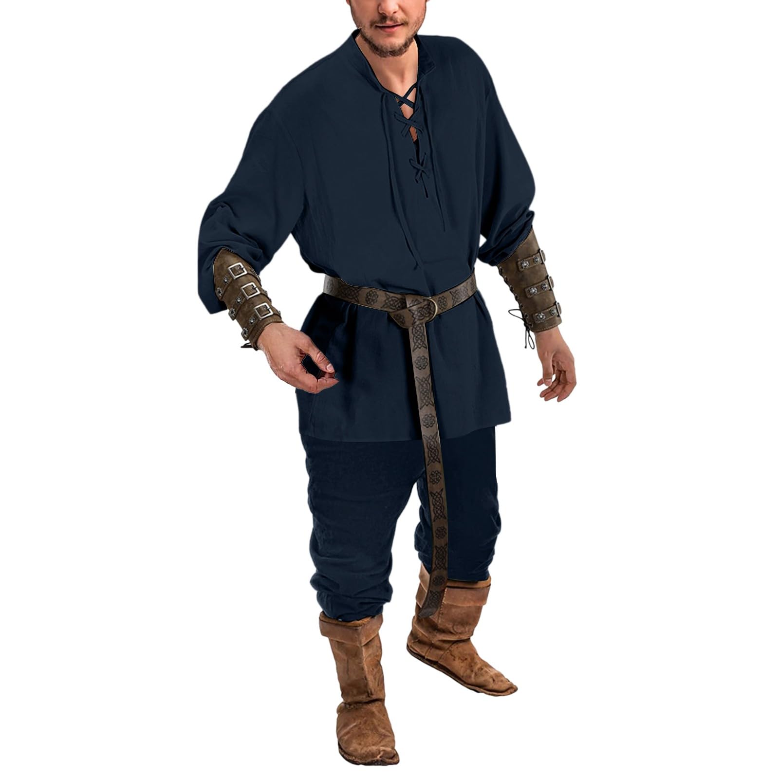 Vichingo Costume da Uomo Medievale Rinascimentale con Camicia Lino e Pantaloni Caviglia
