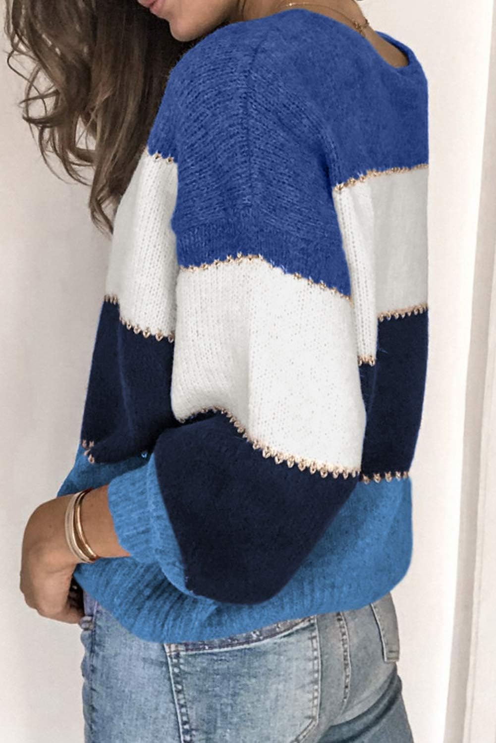 Necooer Womens Sweater Pullover Casual Long Sleeve Crewneck Color Block Pullover Knit Sweater for Women - Image 3