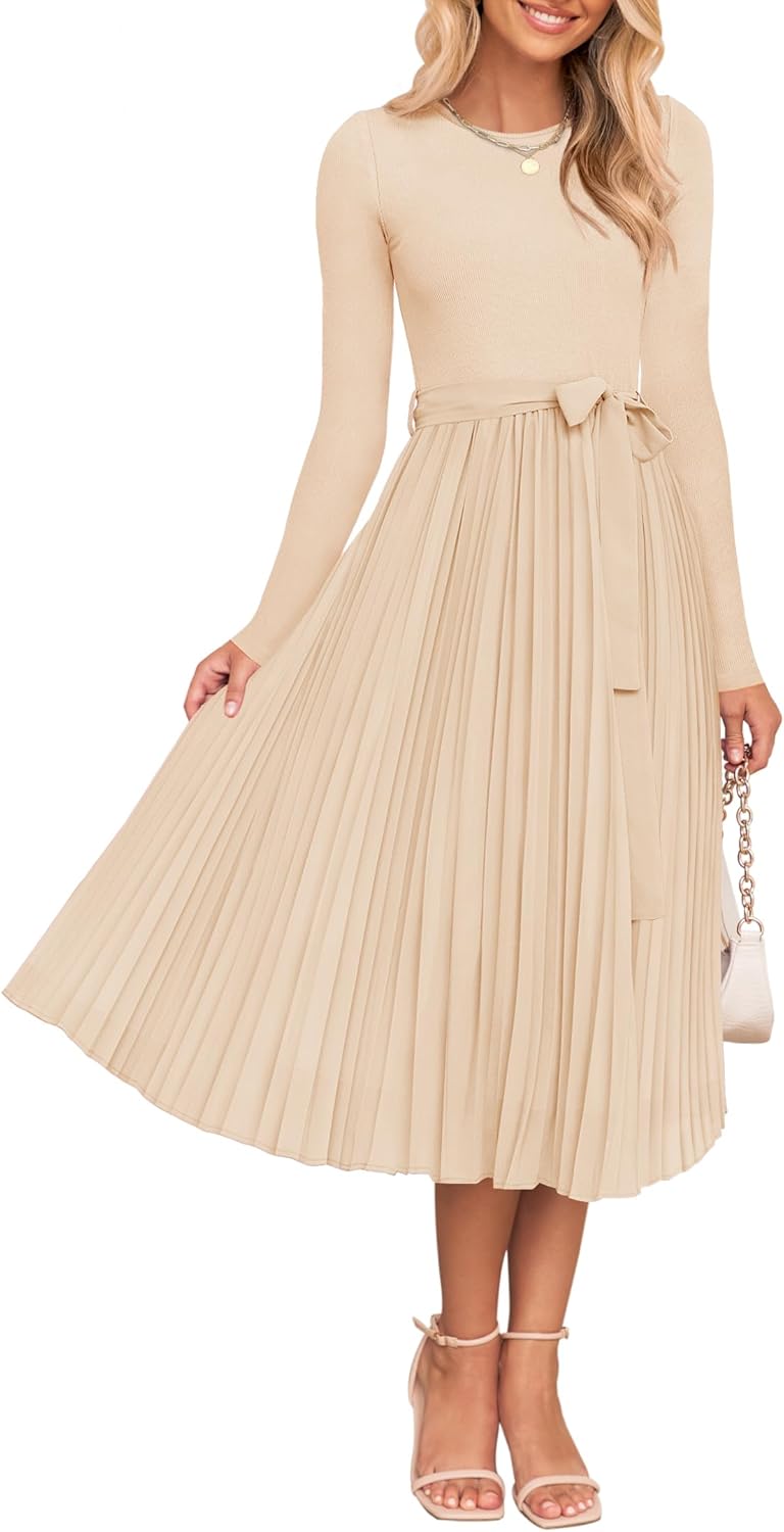 ZESICA Women’s Fall Long Sleeve Midi Dress Casual Crewneck Knit Belted Pleated A Line Flowy Sweater Dresses