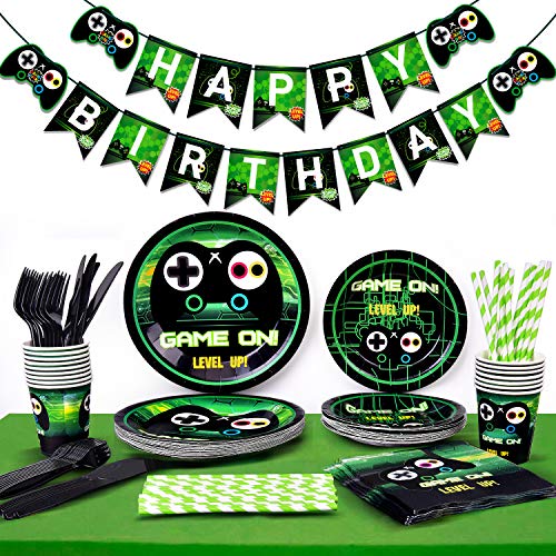 Video Game Party Supplies-Gamer Birthday Party Supplies Including Gaing Paper Plates,Cups,Napkins, Straws And Happy Birthday Banner For Boy Gamer Birthday Party Decoration