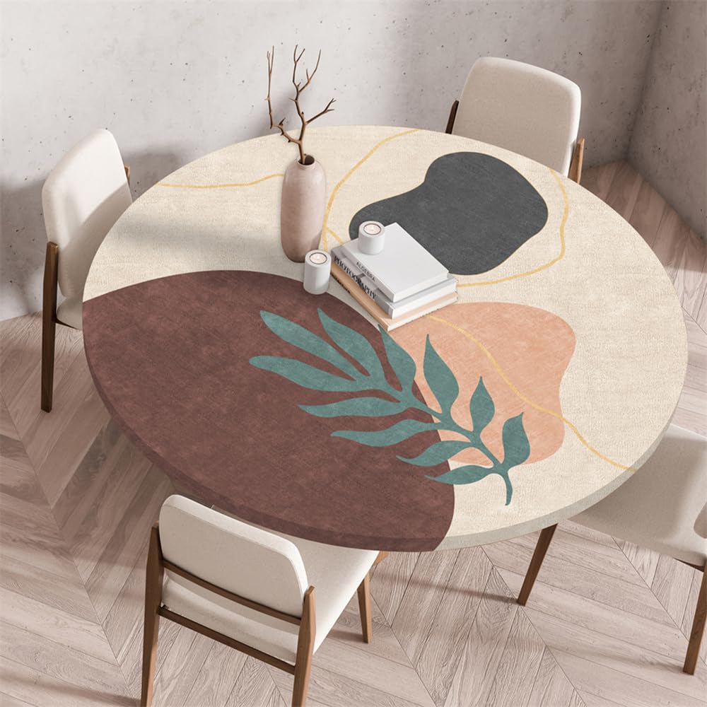 Chickwin Round Outdoor Tablecloth with Elastic Edge, Wipe Clean Circle Table Cover, Nordic Leaves Print Garden Table Fitted Tablecloth Non-Slip Stain-resistant Washable (Beige 1,130cm)
