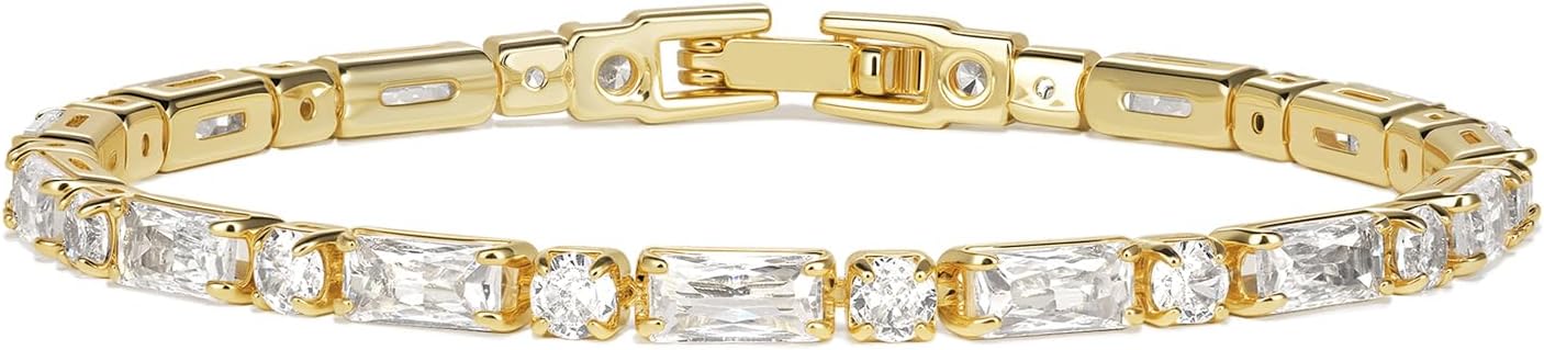 14K Gold Bracelets for Women - Simulated Diamonds Gold Bracelet, Cubic Zirconia Stones Baguette Round Heart Cut Stacking Bracelets for Women