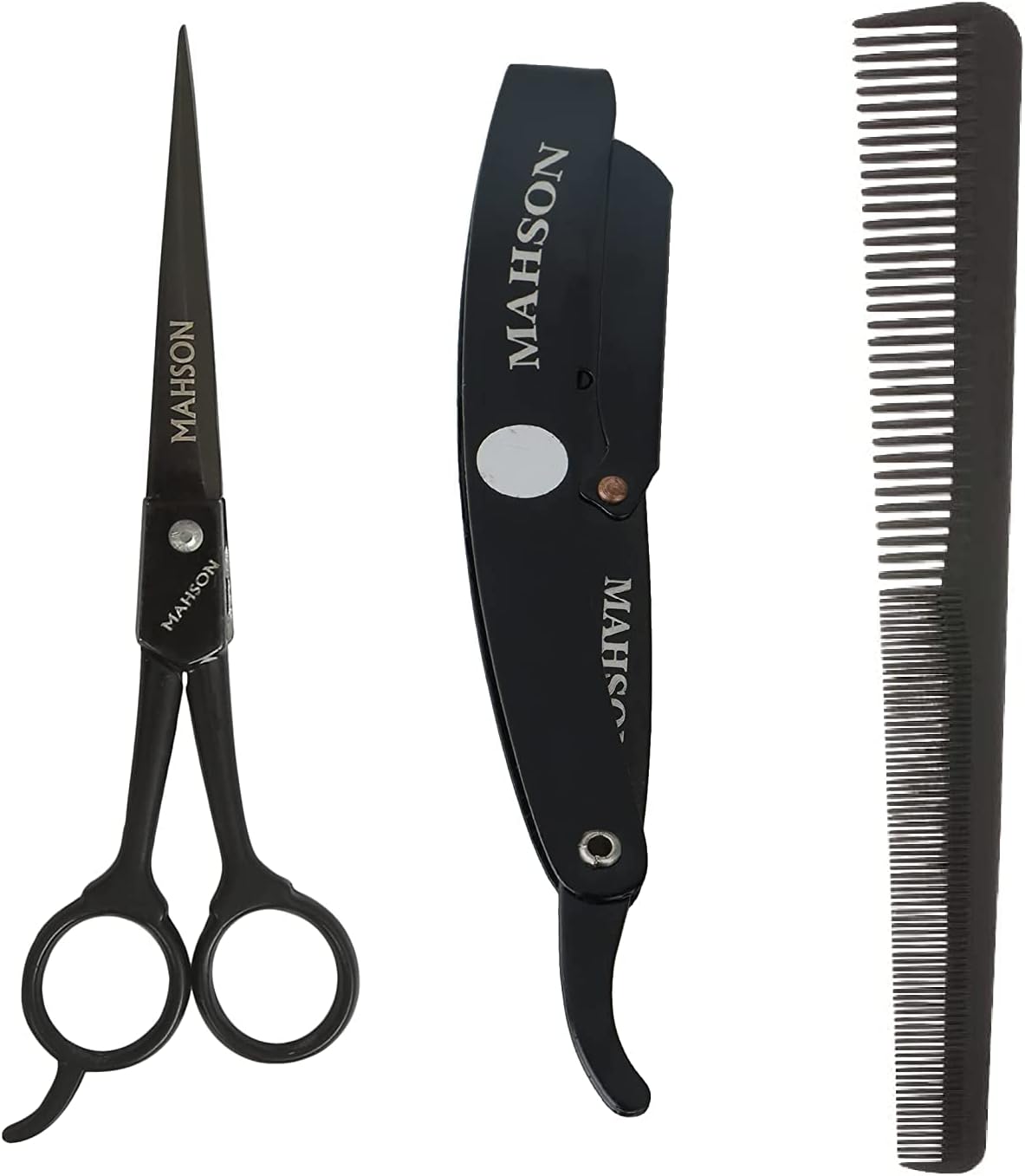 MAHSON Combo of Hair Cutting Scissor, Comb and Straight Edge Razor Barber Shaving Razor Without Blades for Salon and Home Use for Men and Women (Black)