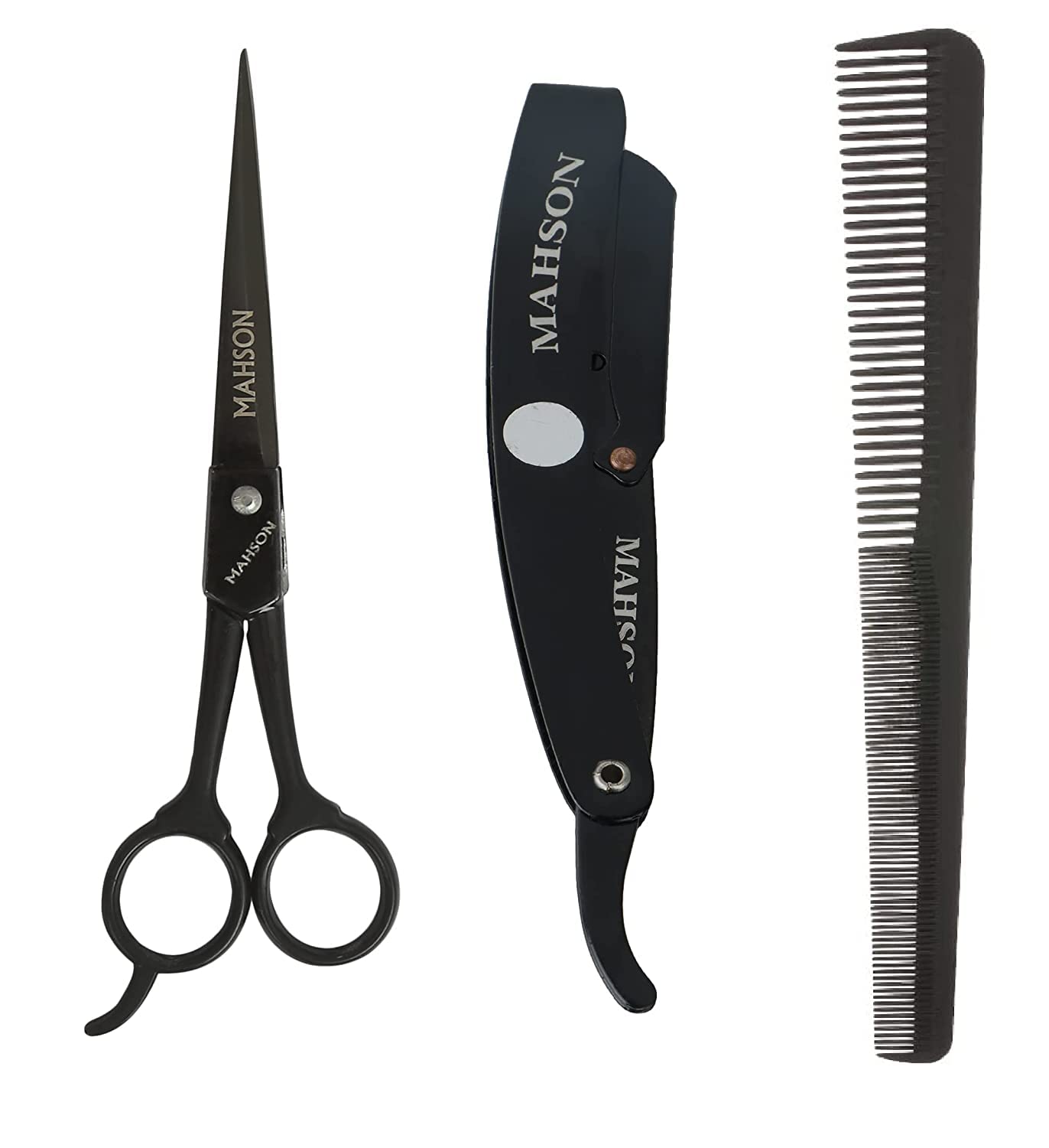 MAHSON Combo of Hair Cutting Scissor, Comb and Straight Edge Razor Barber Shaving Razor Without Blades for Salon and Home Use for Men and Women (Black)