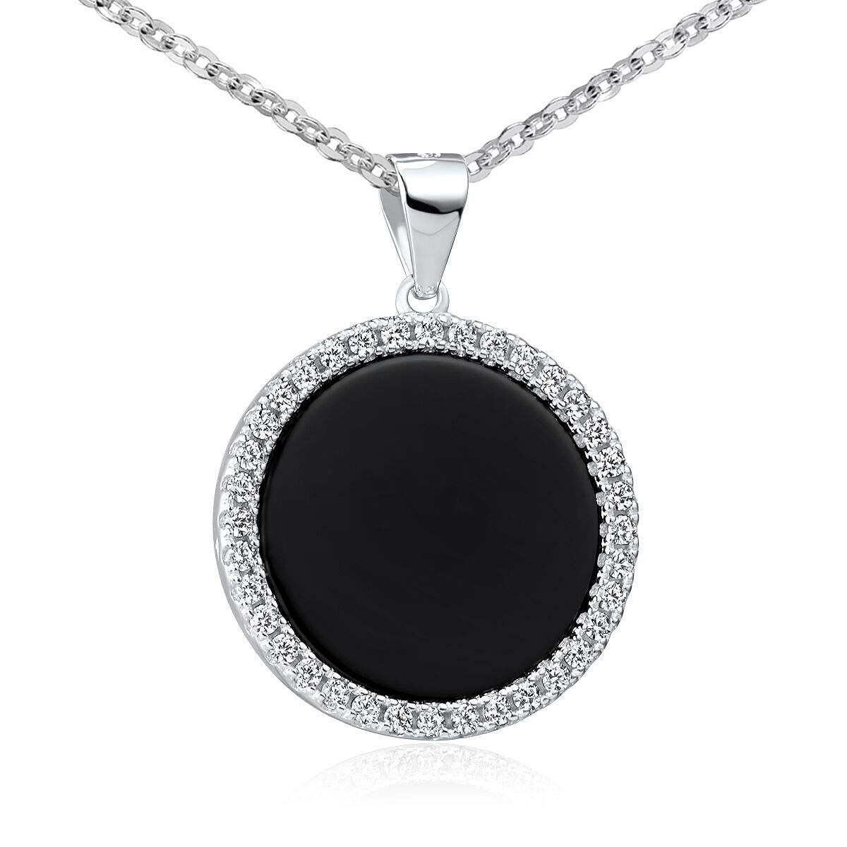 Onyx Anhänger Silber 925 rund mit Kette für Damen KA-456 | Schwarzer Kettenanhänger mit Zirkonia aus 925 Sterling Silber rhodiniert mit Kette in 40-70cm von MATERIA by Matthias Wagner