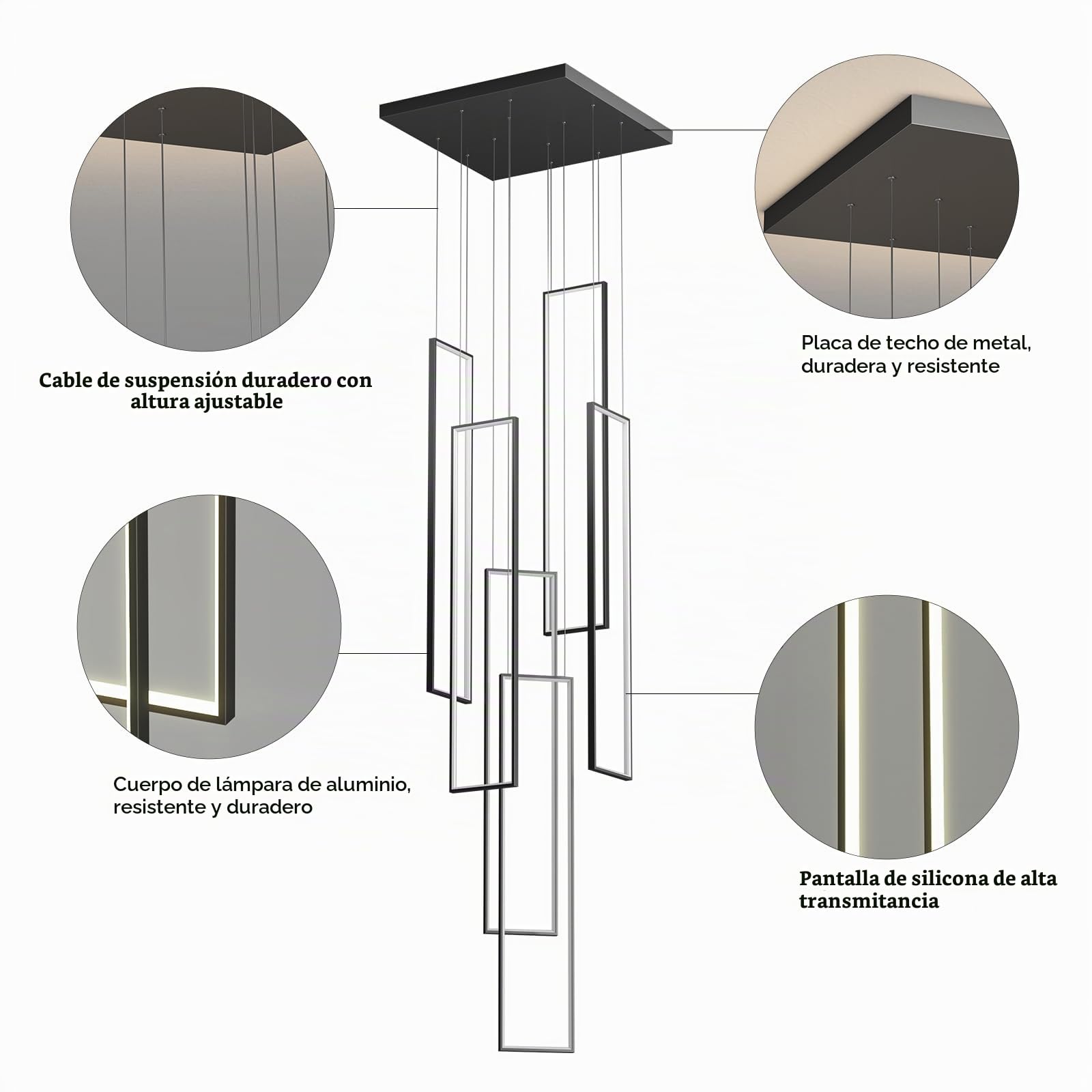 Qcyuui Lámpara de Techo LED Moderna Suspendida para Escaleras, 6 Luces Regulables, Plafón para Entrada de Chalet, Escaleras y Salones, Rectangular 90W con Mando a Distancia | Lámpara colgante rectangular con mando a distancia para villa, entrada, escalera