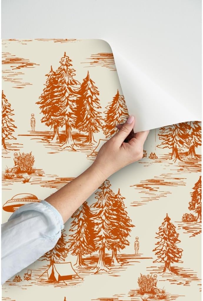 Spoonflower Peel & Stick Wallpaper 3ft x 2ft - UFO Alien Abduction Orange Novelty Funny Toile Large Scale Custom Removable Wallpaper