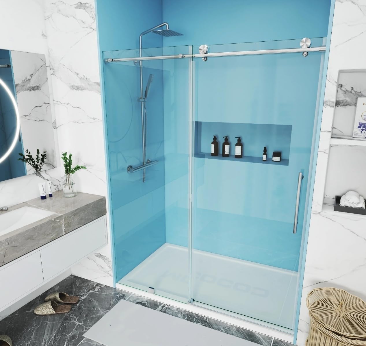 60" W × 76" H Soft-Closing Bathroom Single Sliding Frameless Shower Door Round Guide Rail Thickened 5/16" Tempered Glass (Brushed Nickel)
