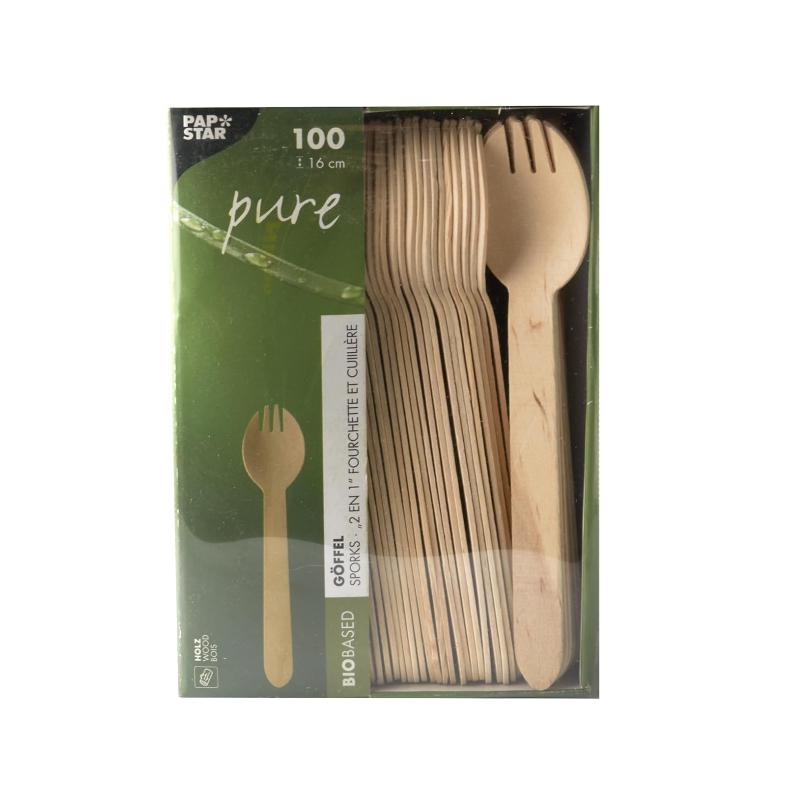 PAPSTAR Göffel, Holz Pure 16 cm Natur 88126 Kombination aus Gabeln und Löffeln Snackbesteck, 1000 Stück
