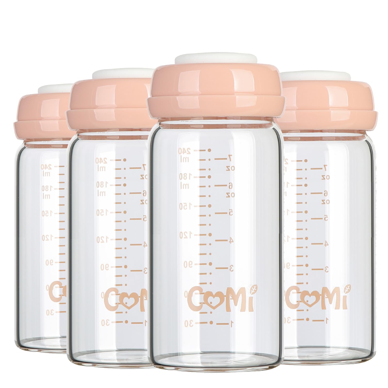Photo 1 of COMI Wide Neck Glass Breastmilk Collection n Storage Bottle, 8oz with Screw Ring Sealing Disk; Re-markable Sealing Disc. BPA Free, Fits Breast Pumps & Nipples (4 Pink Lids)
