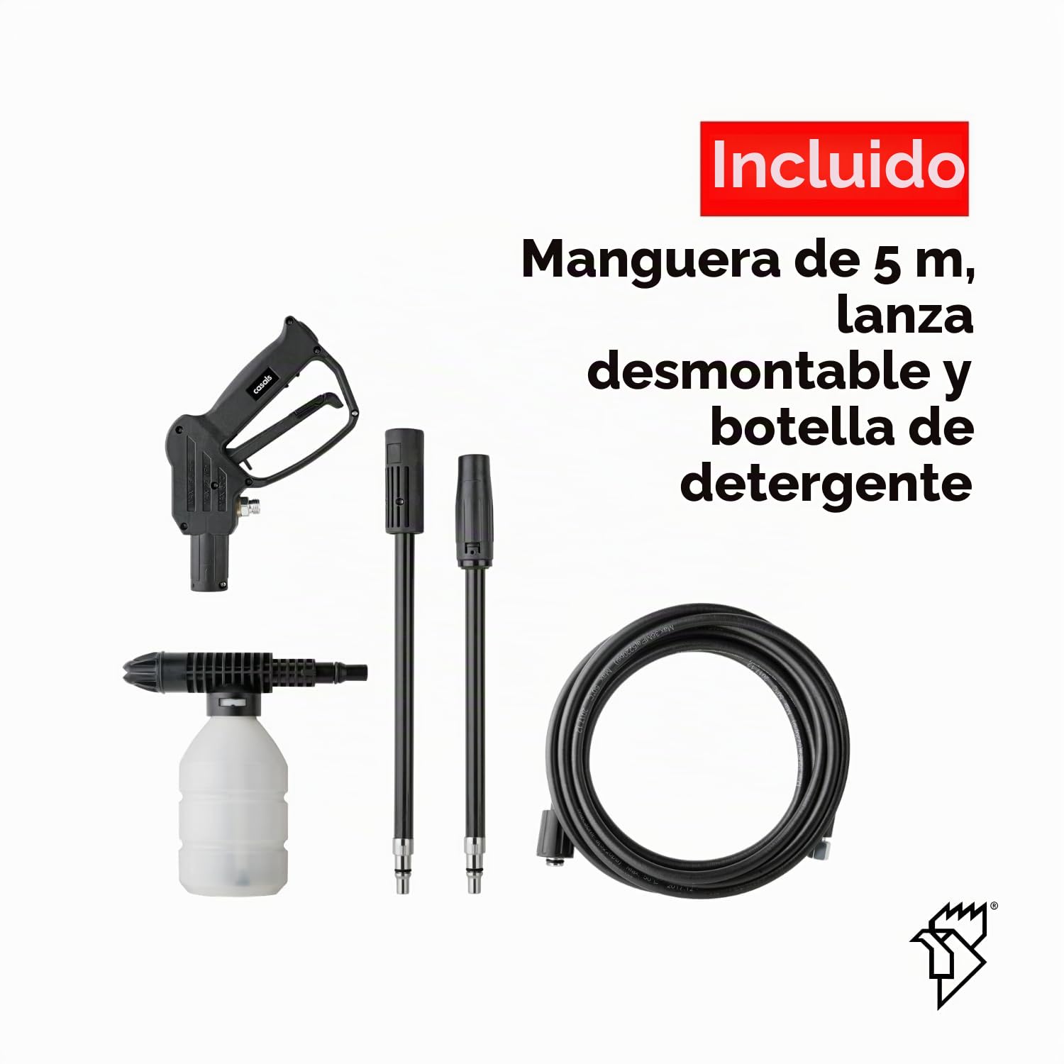 CASALS - Hidrolimpiadora de Alta presión 1400 W con caudal de 375 L/H y 105 Bares de presión | Deposito para detergente hidrolimpiadora | Pistola de Agua a presión Ideal para Suelo terraza Exterior